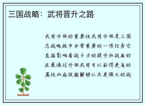 三国战略：武将晋升之路
