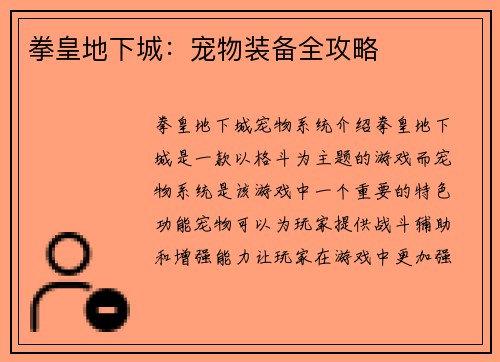拳皇地下城：宠物装备全攻略