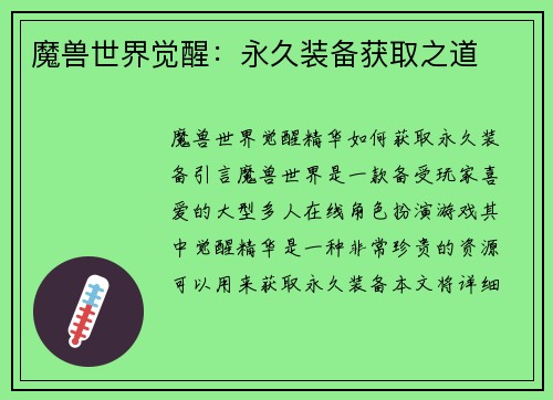 魔兽世界觉醒：永久装备获取之道