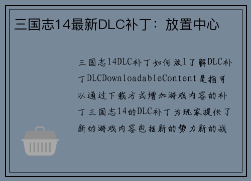 三国志14最新DLC补丁：放置中心
